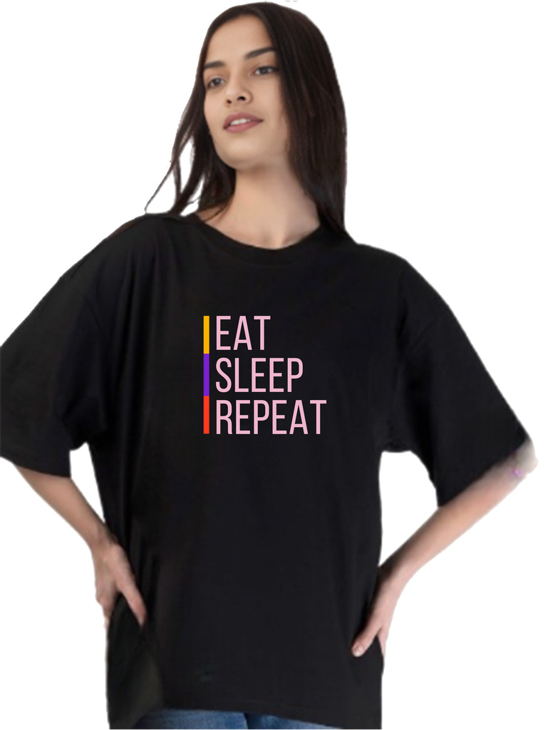 Black- Oversized Printed T-Shirt - Sleep Eat