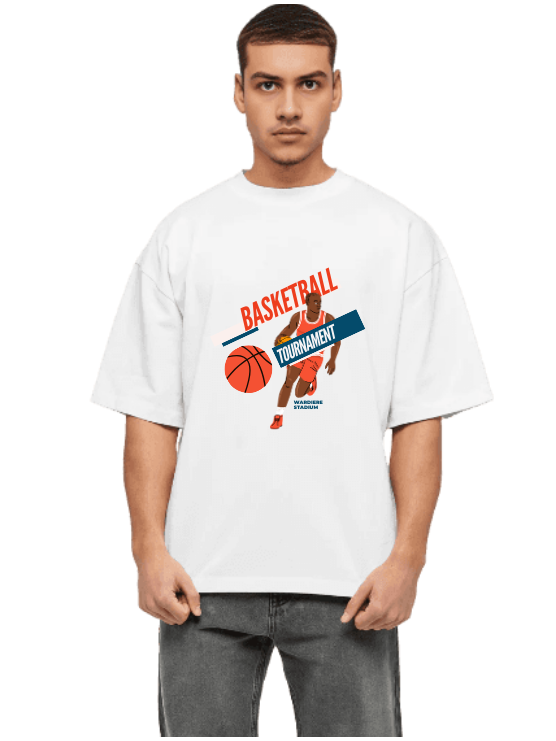 White Oversized Sports T-Shirt - Basketball Tournament
