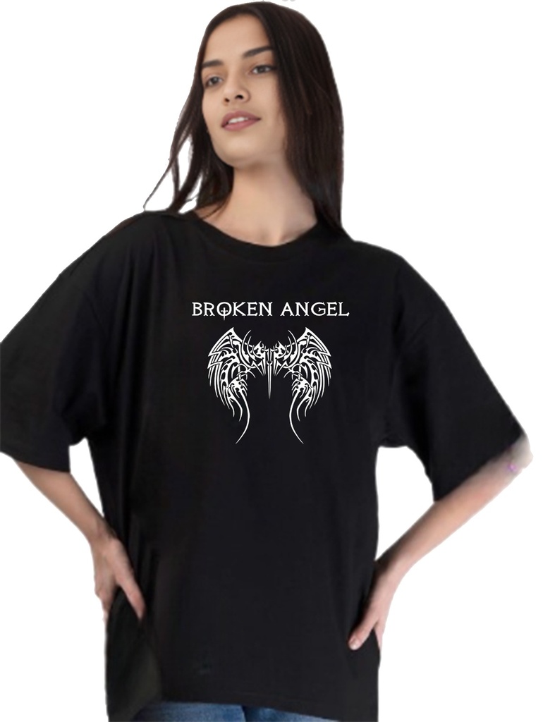 Black- Oversized Printed T-Shirt - Broken Angel
